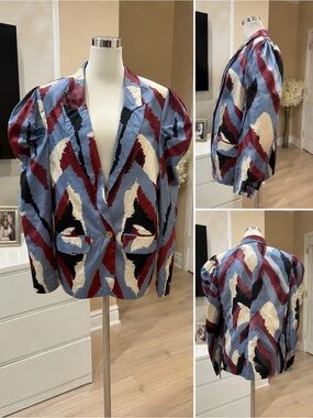 Megan Renee NWT Abstract Print Blazer Jacket Blue Burgundy White Statement Piece